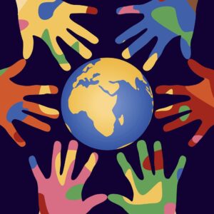 An image of Earth in the center of a black box, surrounded by 6 multicolored hands reaching toward the Earth.